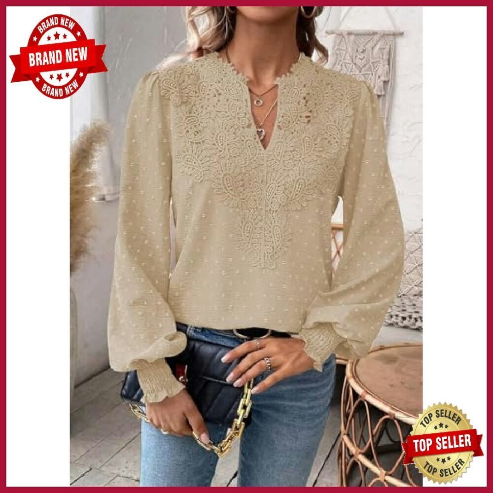 Swiss Dot Chiffon Blouse Long Sleeve V Neck Flowy Lace Hem - Picture 6 of 8